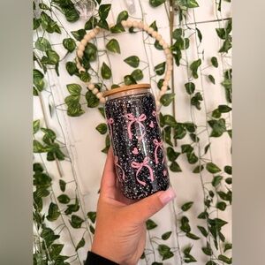 Pink Bow Tie Decal Snowglobe Tumbler , Bamboo Lid With Glass Straw